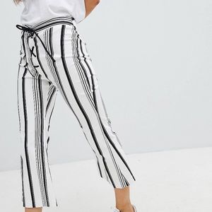 ASOS Nobody’s Child Stripe Flare Ankle Cropped Pants Lace Up White Black